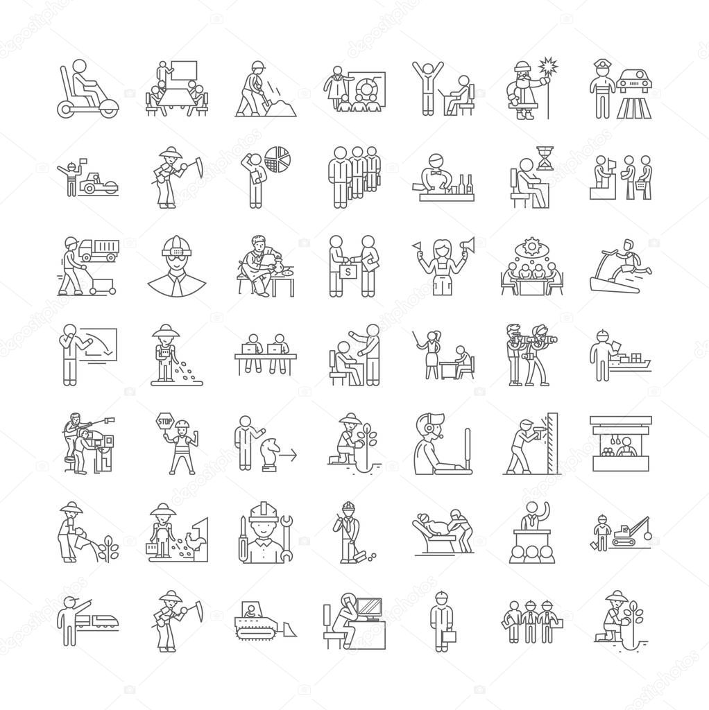 Working linear icons, signs, symbols vector line illustration set