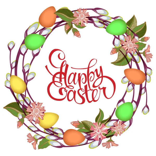 Happy Easter Lettering in Circle, Flowers — Stock Vector