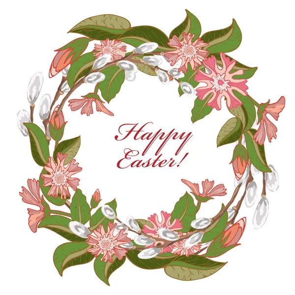 Happy Easter Lettering in Circle, Flowers — Stock Vector