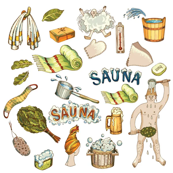 Vector conjunto de accesorios de baño dibujados a mano, accesorios de sauna en sauna de madera — Vector de stock