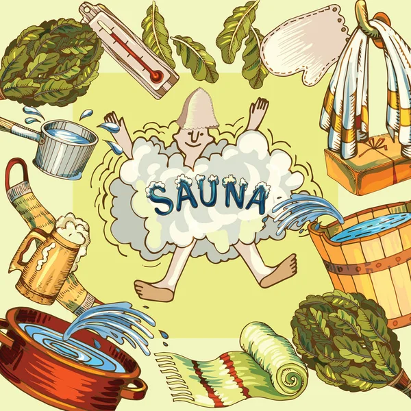 Imagen vectorial de accesorios de sauna en la imagen de fondo — Vector de stock