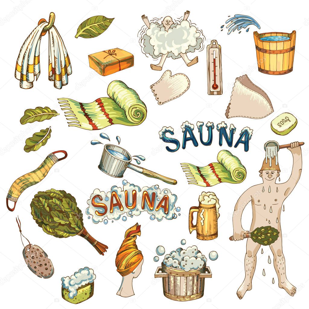vector set of hand drawn bath accessories, sauna accessories in wooden sauna