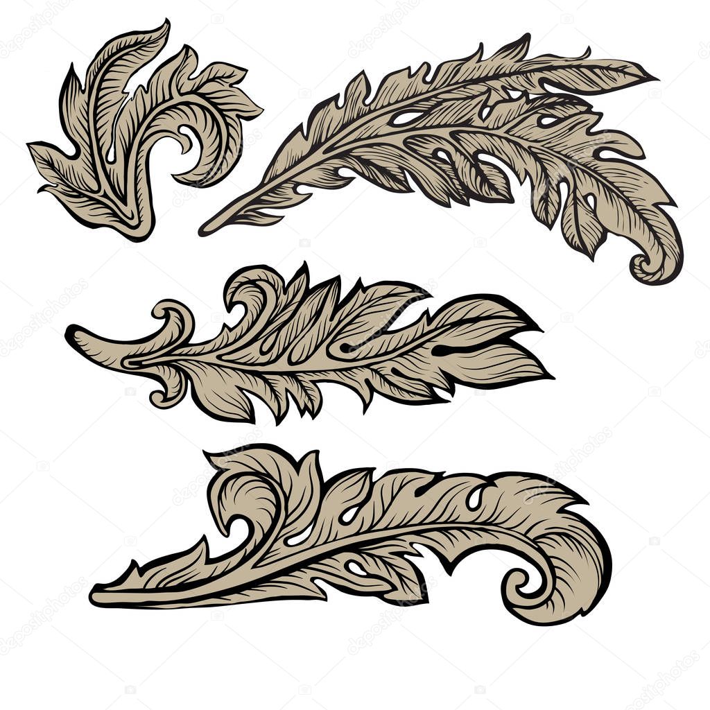 Baroque curved branch with leaves. Design element on white background.