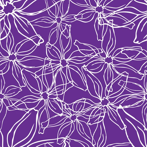 Nahtloses Muster weißer linearer Blumen auf violettem Hintergrund, auf chaotische Weise. — Stockvektor