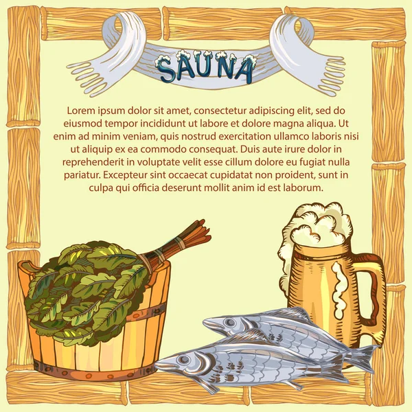 El concepto de los hombres descansan en la sauna, baño.Taza con cerveza de espuma y pescado seco. Ilustración vectorial en el estilo de boceto . — Vector de stock