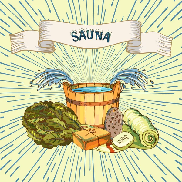 Güzellik ve sağlık, sauna Hizmetleri kavramı. Bireysel banyo aksesuarları, yüz ve vücut bakımı, gençleşme için öğeleri. Kültür sembolleri saflık. Çizim, vektör çizim tarzı.