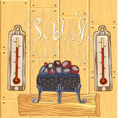 Kırmızı-sıcak soba kalorifer sauna, Banyo Termometresi için. Stilize yazıt sauna ahşap arka plan üzerinde. Çizim, vektör çizim tarzı.