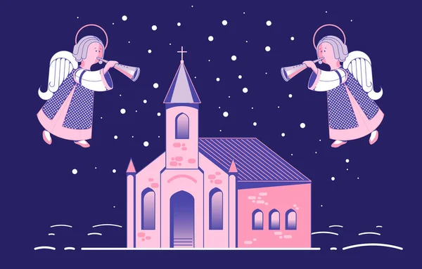 Anjo festivo toca flauta, trombeta, contra o céu acima da Igreja. Cartão de Natal em estilo plano. Ilustração vetorial para o ano novo, os católicos de Natal e os cristãos. Mapas avançados, cartazes, proibição — Vetor de Stock