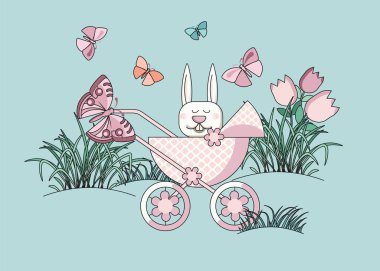 Karikatür tarzında Paskalya illüstrasyonu, kawaii rengi. Katolik Paskalyasının sembolleri, bahar tatili. Poster, kartpostal, broşür, davetiye, çocuk resmi yapmak için düz tasarım.