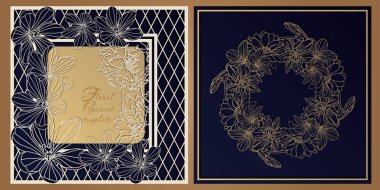 Kare kartlar, dekoratif paneller, düğün baskısı, iç dekorasyon için çiçek desenli kağıt kesim şablonu. Lazer kağıt, karton, plastik kesim için vektör düzeni.