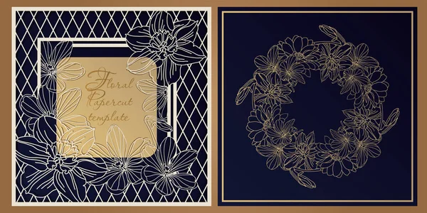 Kwiatowy Szablon Papercut Projektowania Kart Kwadratowych Dekoracyjnych Paneli Druku Ślubnego — Wektor stockowy