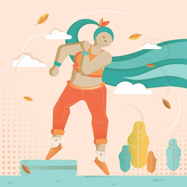Sportowa kobieta wykonuje ćwiczenia fitness na tle natury. Ilustracja rysowana płaskimi gradientami i żywymi kolorami. Różowy, niebieski i żółty. — Wektor stockowy