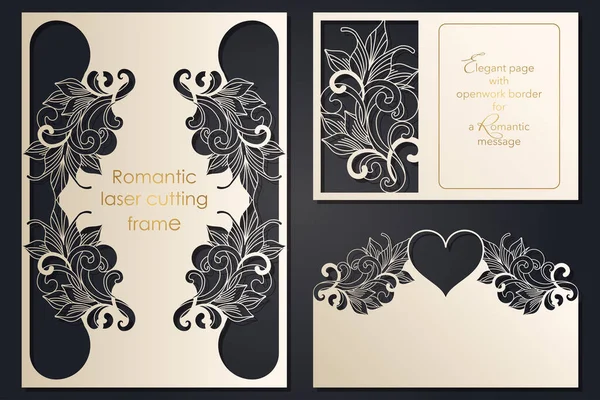 Set Papier Spitze Grußkarte, Hochzeitseinladung, weißes Muster, Schnittvorlage, Vorlage Gratulation, Perforationsmuster, Laserschnitt-Vorlage, Vektor. — Stockvektor
