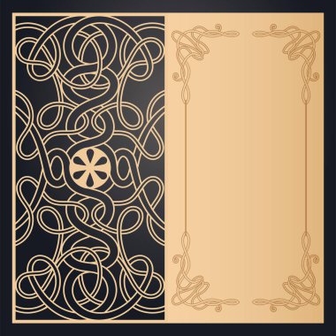 Şeffaf Kelt süslemeli tebrik kartı, lazer kesim şablonu. Düğün ve tatil tasarımı. Vektör ortamı