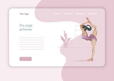 Yoga Stüdyosu için yaratıcı web sitesi tasarımı. Web sayfası tasarımının modern düz tasarım konsepti. Yoga egzersizi, yoga pozu veren kadın. Vektör illüstrasyonu