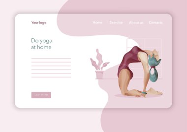 Yoga Stüdyosu için yaratıcı web sitesi tasarımı. Web sayfası tasarımının modern düz tasarım konsepti. Yoga egzersizi, yoga pozu veren kadın. Vektör illüstrasyonu