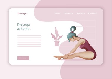 Yoga Stüdyosu için yaratıcı web sitesi tasarımı. Web sayfası tasarımının modern düz tasarım konsepti. Yoga egzersizi, yoga pozu veren kadın. Vektör illüstrasyonu.