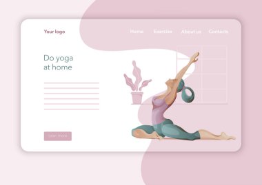 Yoga Stüdyosu için yaratıcı web sitesi tasarımı. Web sayfası tasarımının modern düz tasarım konsepti. Yoga egzersizi, yoga pozu veren kadın. Vektör illüstrasyonu.