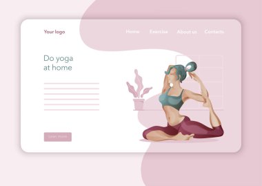 Yoga Stüdyosu için yaratıcı web sitesi tasarımı. Web sayfası tasarımının modern düz tasarım konsepti. Yoga egzersizi, yoga pozu veren kadın. Vektör illüstrasyonu.