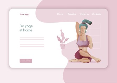 Yoga Stüdyosu için yaratıcı web sitesi tasarımı. Web sayfası tasarımının modern düz tasarım konsepti. Yoga egzersizi, yoga pozu veren kadın. Vektör illüstrasyonu.