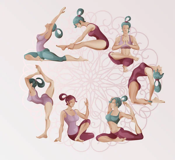 Femme faisant du yoga, à la maison, en ligne. Clipart vectoriel, peinture numérique . — Image vectorielle