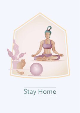 Evde yoga, yoga yapan kadın, evde kal. Yoga, fitness, internetten esneme dersleri. COVID-19 virüs salgını, sosyal mesafeler, spor egzersizleri. Düz çizgi film vektör çizimi