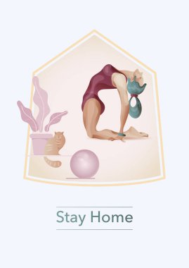 Evde yoga, yoga yapan kadın, evde kal. Yoga, fitness, internetten esneme dersleri. COVID-19 virüs salgını, sosyal mesafeler, spor egzersizleri. Düz çizgi film vektör çizimi