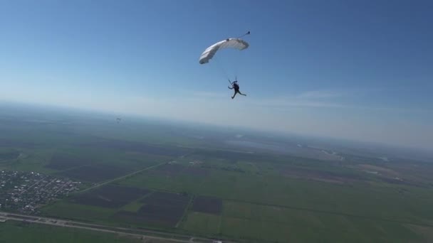 Fallschirmspringer Steuert Seinen Fallschirm Den Himmel Zwischen Den Wolken — Stockvideo