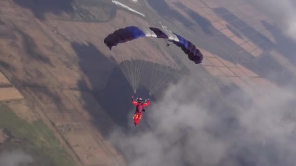 Skydiver Pilotów Jego Spadochron Niebie Wśród Chmur — Wideo stockowe