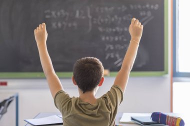 Eller yukarı sınıfta bir ders sırasında ile öğrenci