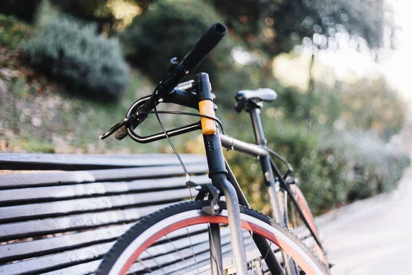 Bicikli Egy Padra Támaszkodva Kint Parkban — Stock Fotó