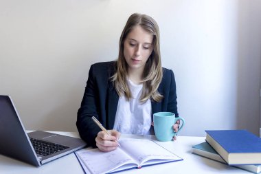 Genç girişimci kadın evde çalışıyor, iş yazıları yazıyor.