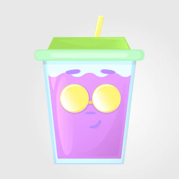 A glass of juice with a lid and a tube. Summer drink. Emotional icon, smirk face, with round sunglasses. — Stock Vector