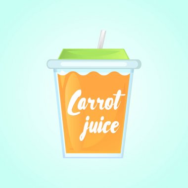 Bir bardak taze havuç suyu bir saman ile bir cam kabın içinde. Reklamcılık ürünün. 