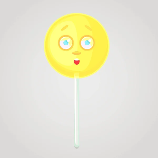 Yellow candy is an emotional icon, voluminous with a face, on a stick. — Stock Vector