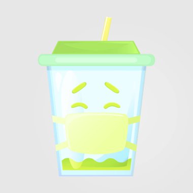 Bir bardak suyu bir kapak ve bir saman ile. Duygusal simge, hasta tıbbi maskeli. 