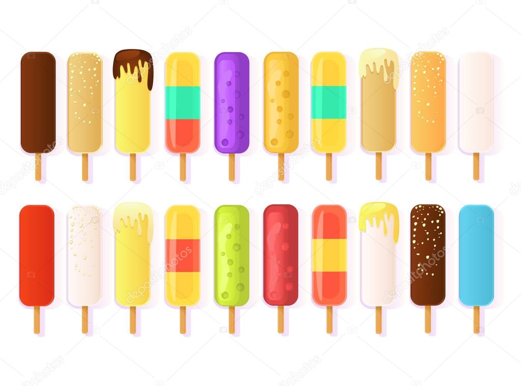 A set of cartoon rectangular ice cream icons on a stick of different types and colors.  Eskimo, sprinkled with nuts, with vanilla, chocolate, with the bushy berries, sucking. For presentations