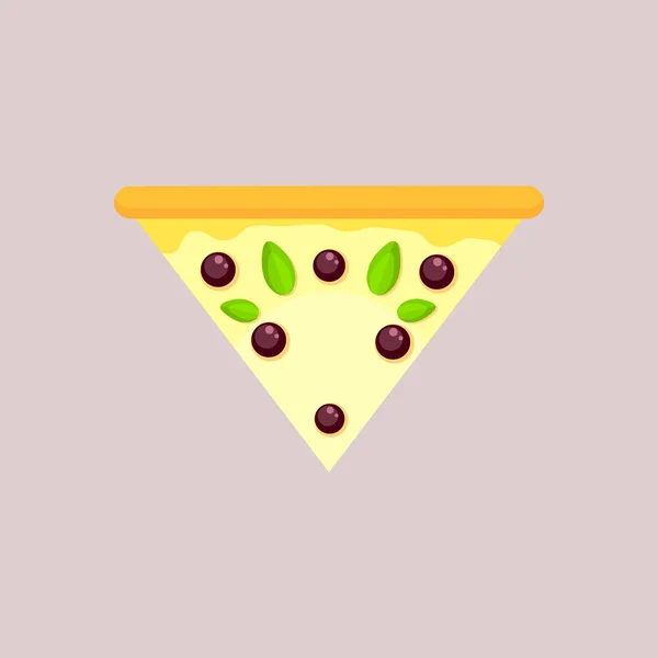 Rebanada triangular de pizza de queso con aceitunas y albahaca . — Vector de stock