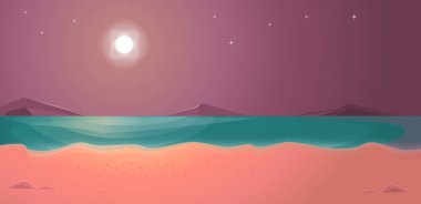 Parlak ay okyanusta parlar. Gece plaj ön planda.