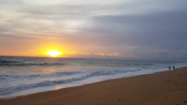 一对情侣正在普吉岛的海边散步 时间是日落时分 地点在泰国普吉岛的迈卡奥海滩 全高清 视频剪辑 — 图库视频影像