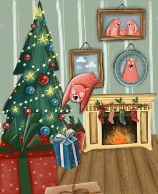 rahat bir ev küçük pembe bir ayı bir yeni yıl hediyesi Noel ağacının altında yukarıda odasında yanan bir şömine almak için resmi uzatır, hediyeler için çorap 
