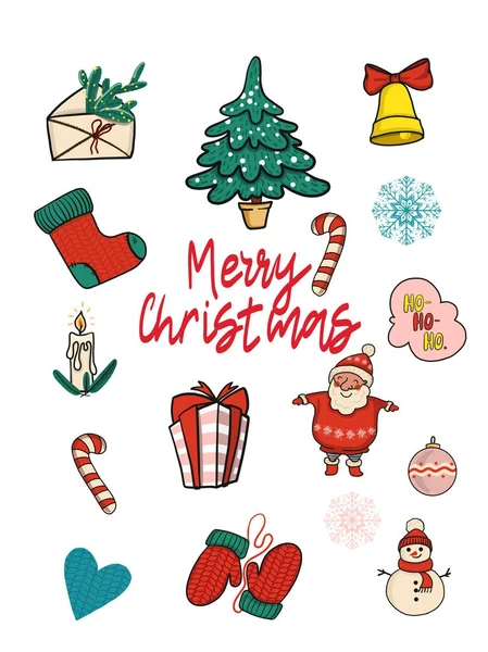 Noel simgesi hediye mum mittens cande santa claus şapka beyaz bir arka plan üzerinde için mektup Noel ağacı çan çorap ile 