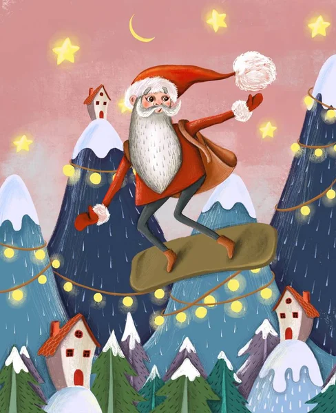 kırmızı şapka ve çocuklar için büyük moduna tam hediyeler acele onun snowboard karla kaplı dağlar ortasında üzerinde paltoyla sportif Noel Baba yeni yıl çelenk ve sarı yıldız astı 