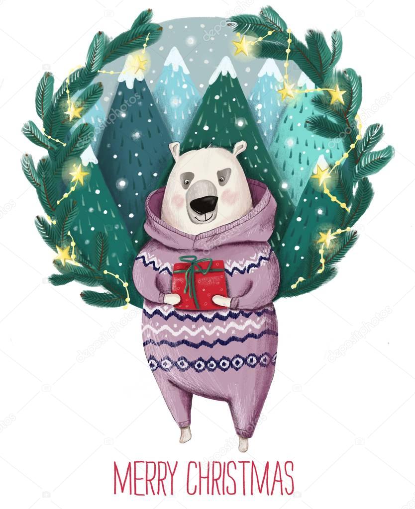 big funny white bear in purple knitted sweater with gift in red paper christmas tree and mounten on background snow and yellow star 