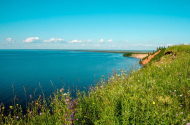 Andoma Cape with Andoma Hill at Onega Lake, Vologda region, Russia. Natural background view
