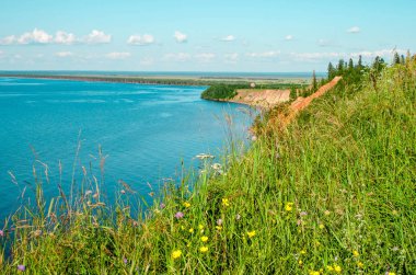 Andoma Cape with Andoma Hill at Onega Lake, Vologda region, Russia. Natural background view