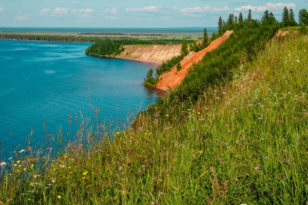 Andoma Cape with Andoma Hill at Onega Lake, Vologda region, Russia. Natural background view. Text copy space.