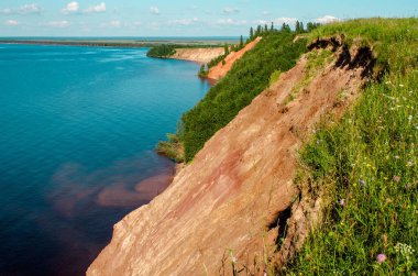 Andoma Cape with Andoma Hill at Onega Lake, Vologda region, Russia. Natural background view. Text copy space.