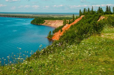 Andoma Cape with Andoma Hill at Onega Lake, Vologda region, Russia. Natural background view. Text copy space.