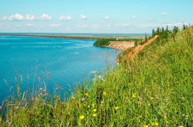 Andoma Cape with Andoma Hill at Onega Lake, Vologda region, Russia. Natural background view. Text copy space.
